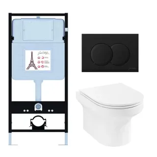 Инсталляция Jacob Delafon E21743RU-BL с безободковым унитазом Elite сиденье с микролифтом клавиша смыва чёрная матовая