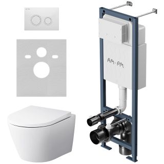 Комплект унитаза с инсталляцией AM.PM Sense FlashClean IS110101.741701 с сиденьем Микролифт и Белой глянцевой клавишей смыва
