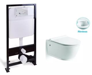 Комплект SantiLine SL-5009 + SL-01 безободковый белый унитаз с сиденьем микролифт и инсталляция с клавишей смыва хром