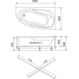Акриловая ванна 1ACReal Мадрид Щ0000046657 левая 150x95 см на Х-каркасе белый