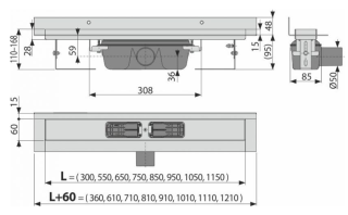 Душевой лоток AlcaPlast с порогами для цельной решетки и фиксированным воротником к стене 105см хром APZ16-1050