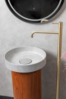 Накладная раковина с пьедесталом золото Armadi Art Sole Corian 801-GR+801-Base-Rwood Amani Grigio/красное дерево