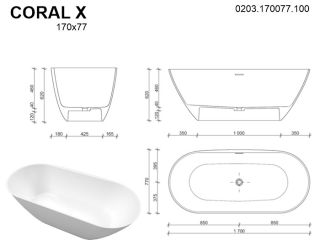 Ванна из искусственного камня Whitecross Coral X 0203.170077.100 170x77см белый глянец