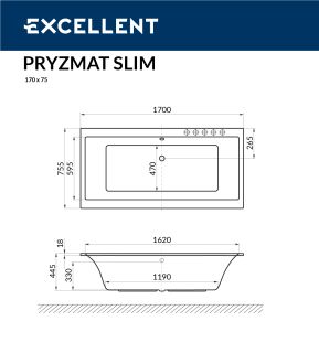 Ванна акриловая EXCELLENT Pryzmat Slim 170x75