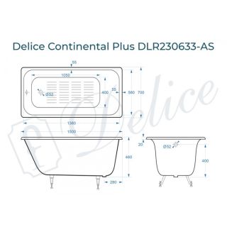Ванна чугунная Delice Continental PLUS DLR230633-AS с антискользящим покрытием 150х70 см
