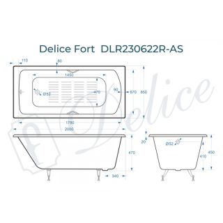 Ванна чугунная Delice Fort DLR230622R-AS 200х85 с отверстиями под ручки и антискользящим покрытием