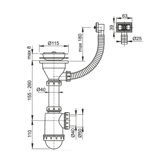 Сифон для мойки AlcaPlast с нержавеющей решеткой ?115 и гофропереливом без штуцера A447-DN50/40